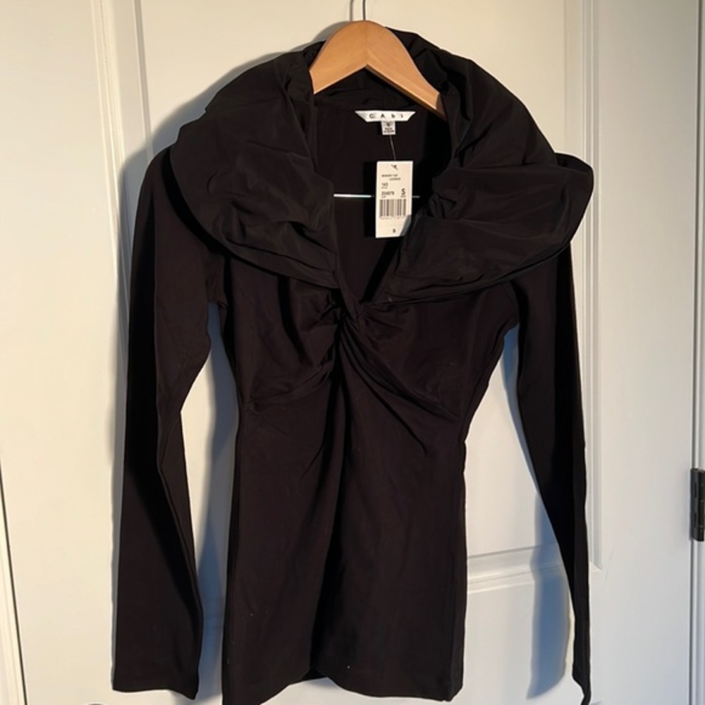 NWT Cabi Top Shirt Style #143 Black Taffeta Ruffled Cinema Opera Stretch